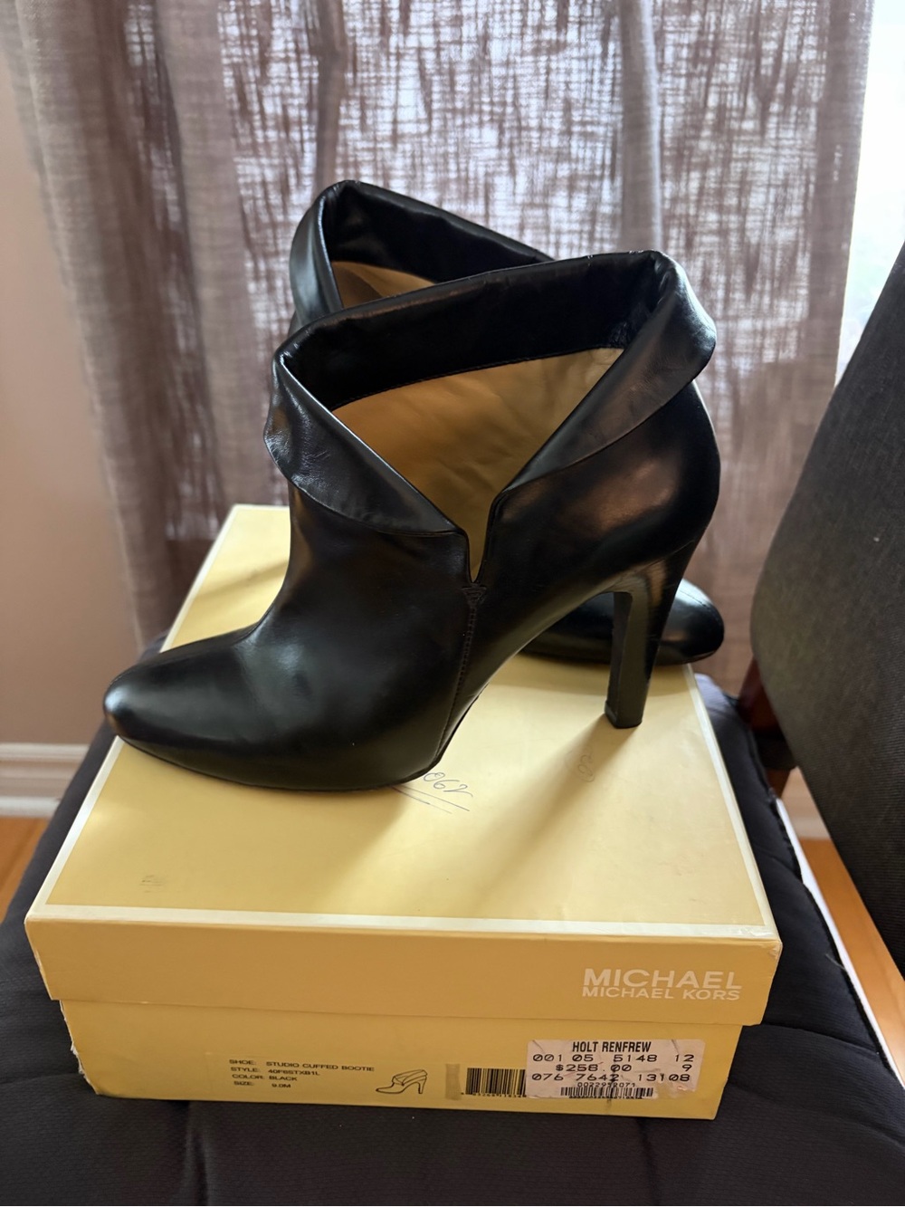 Michael Kors Black Leather Fold-Over Ankle Booties with Stiletto Heel